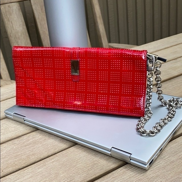 Lodis Red Patent Leather Laser Clutch Bag Wristlet